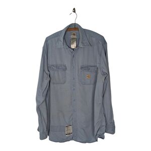 Carhartt Blue Fire Resistant Long Sleeve Button Down Shirt Size XL Worn Ripped
